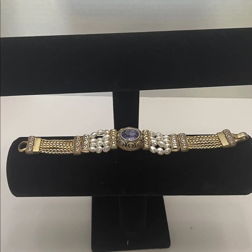 Vintage Elegant Gold and Purple Bracelet with Pearl Accents - Picture 2 of 3